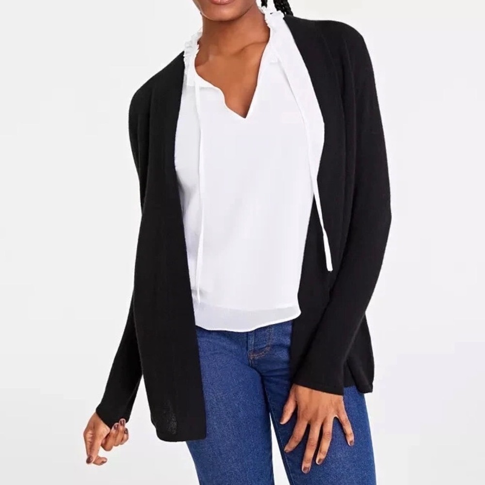 Charter Club Cardigan Womens Medium Black Cashmere Luxury Open Front Long Sleeve